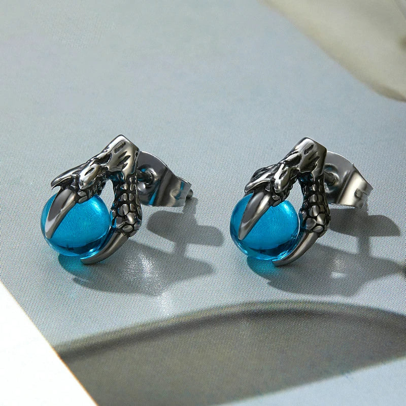 Stainless Steel Stud Earrings CZ Silver Tone Black Red Blue Dragon Claw-Earrings-Innovato Design-Red-Innovato Design