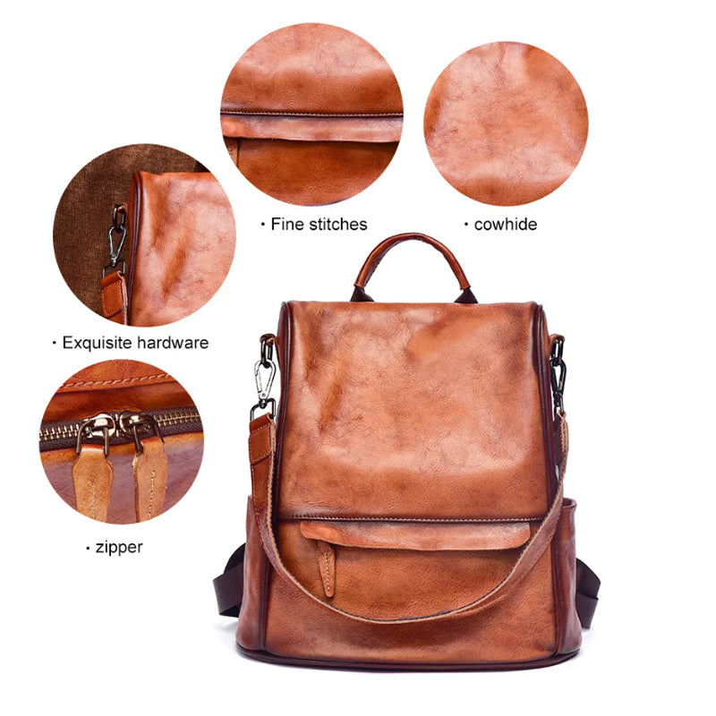 Brown Genuine Leather School Bag Cowhide Women Travel Bag-Backpacks-Innovato Design-Innovato Design