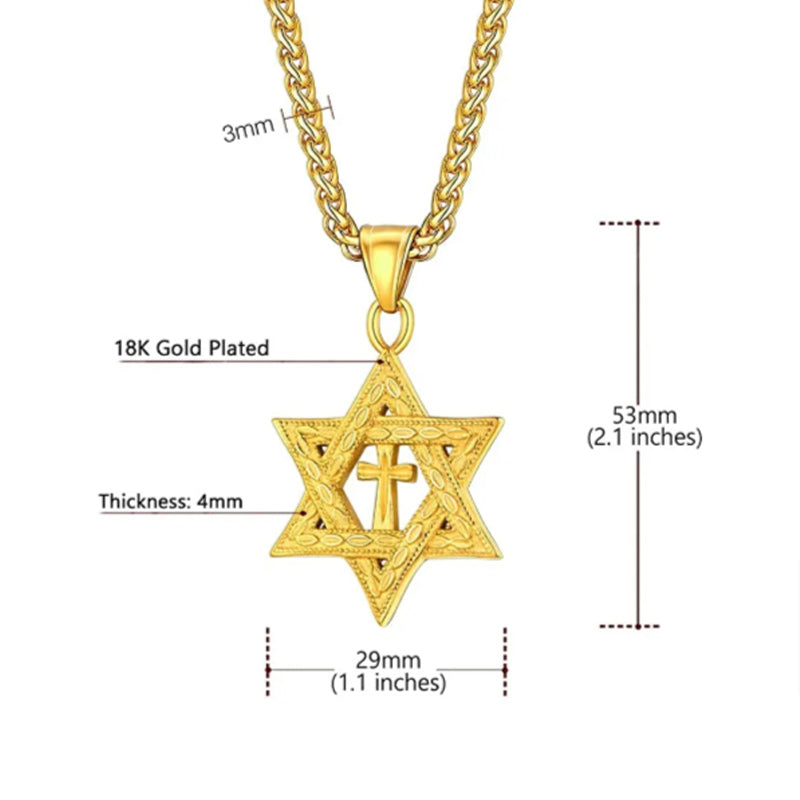 Metallic Messianic Star of David around Holy Cross Pendant Necklace-Necklaces-Innovato Design-Gold-Innovato Design