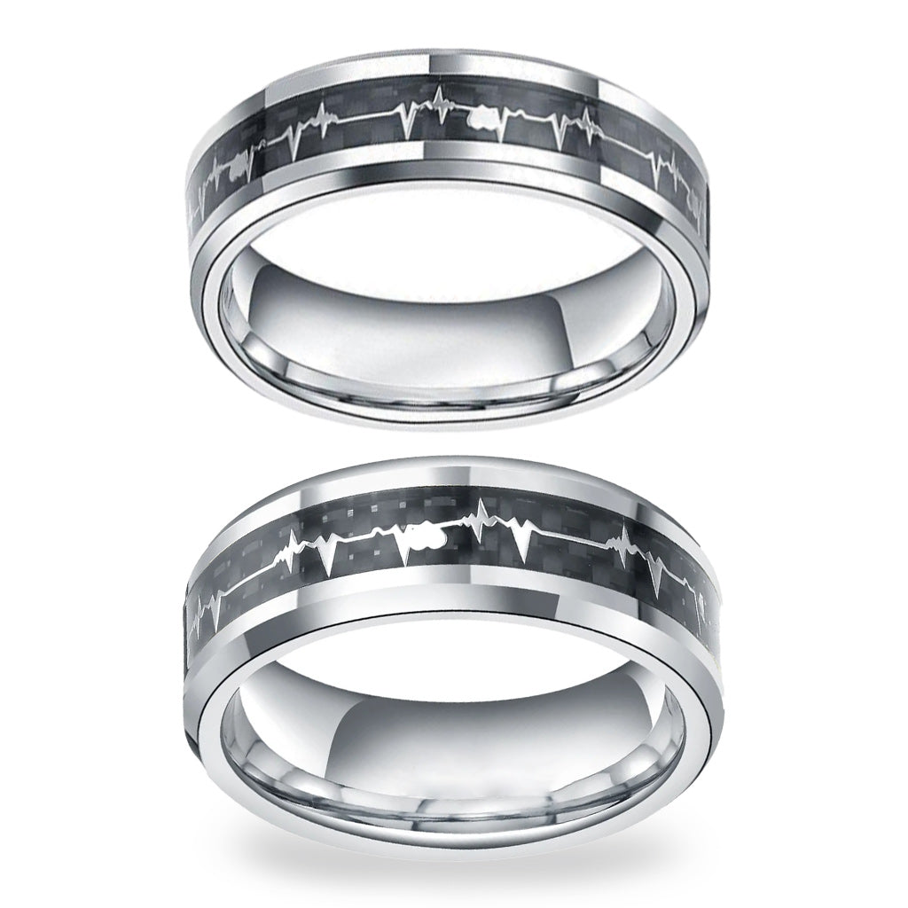 6mm/8mm Tungsten Rings Heartbeat Cardiogram Black Carbon Fiber Engagement Wedding Band-Rings-Innovato Design-6mm-5-Innovato Design