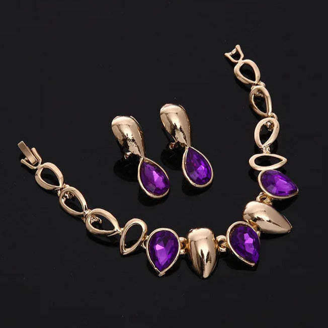 Women's 4Pcs Purple Rhinestone Drop Pendant Necklace Earrings Bracelet Ring Jewelry Set