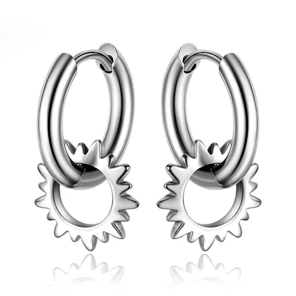 Stainless Steel Men Huggie Gear Hoop Stud Earrings Set