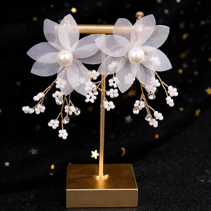 Handmade Flower and Crystal Tiara & Earrings Pearls Wedding Jewelry Set-Jewelry Sets-Innovato Design-Innovato Design