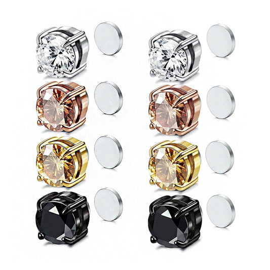 4 Pairs Stainless Steel Stud Earrings for Men Women Ear Non - Piercing Earrings Cubic Zirconia Inlaid-Earrings-Innovato Design-4 Pairs 6MM Round-Innovato Design