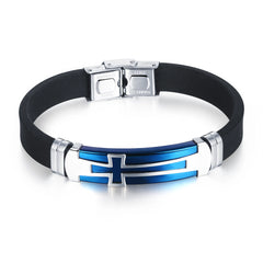 Men Rubber Stainless Steel Bracelet Cross Cuff Bangle Blue Silver Black