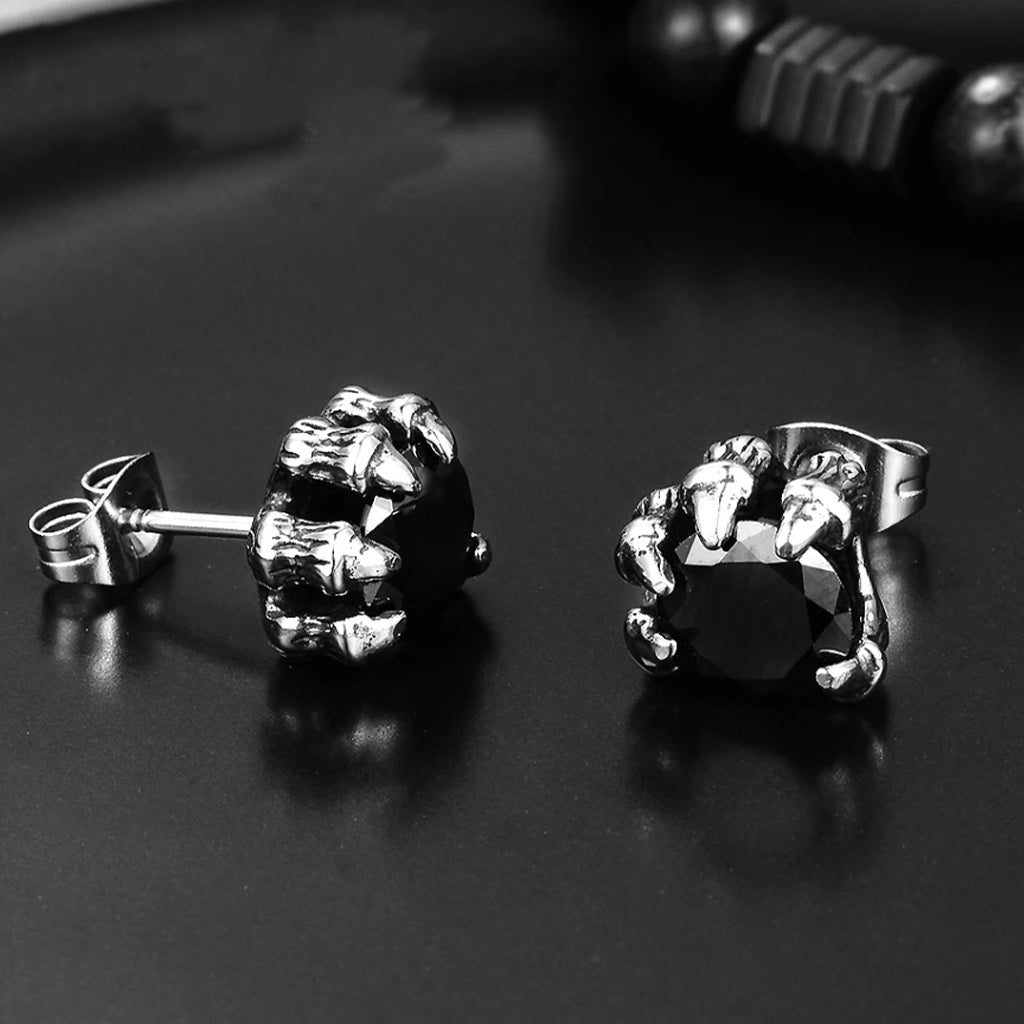 Men Cubic Zirconia Stainless Steel Gothic Dragon Claw Stud Earrings, Black Silver