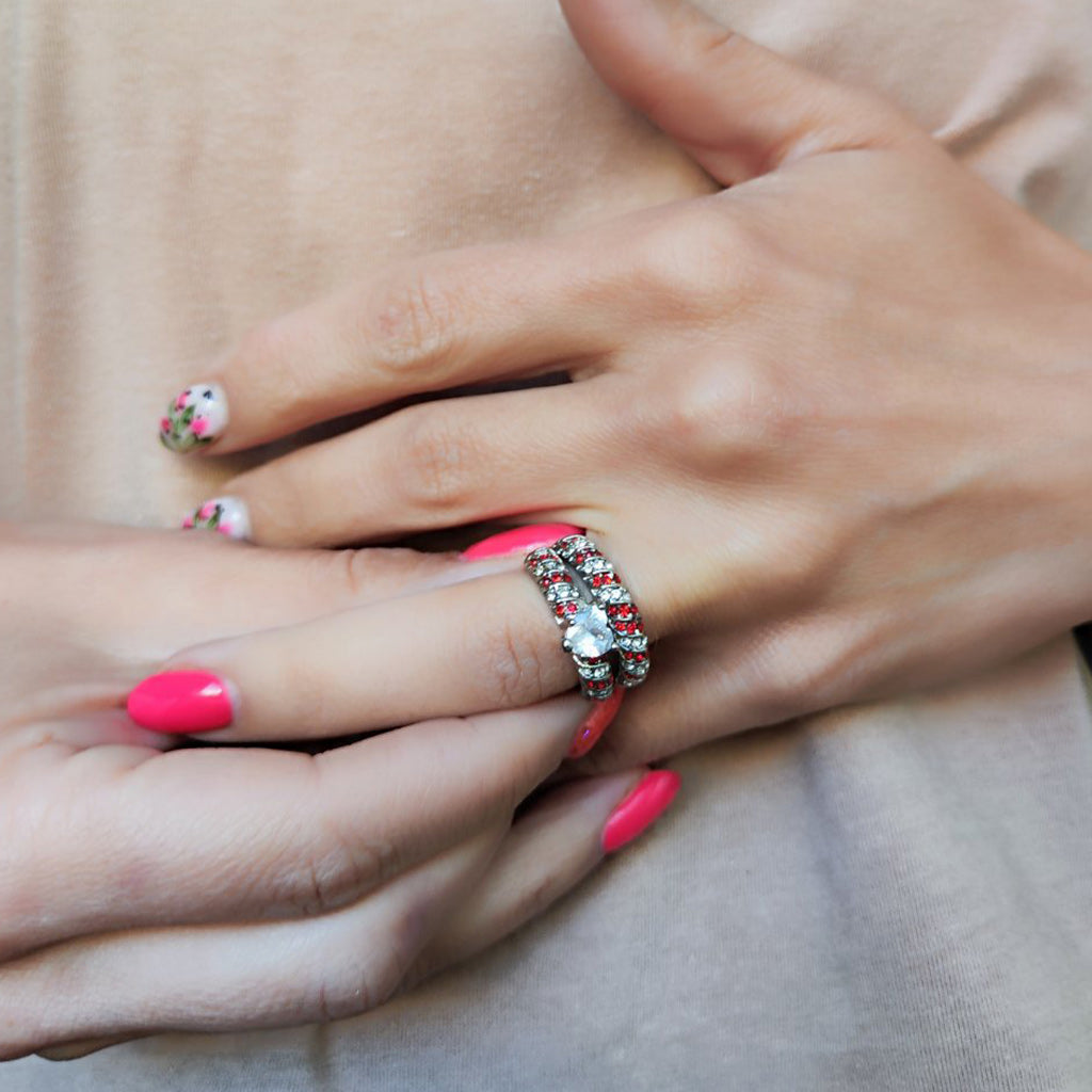 Red Koa Wood and Heart Cubic Zirconia Stainless Steel Wedding Bands