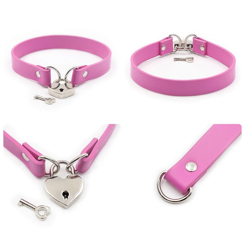 Women Leather Choker Necklace Metal Heart Collar Lock Choker Chain
