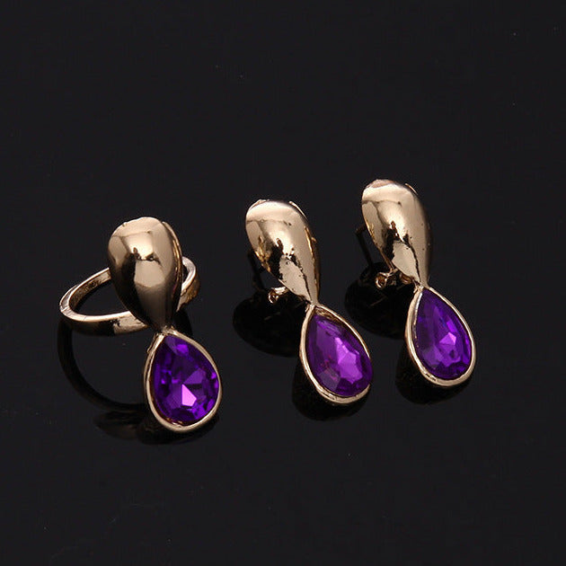 Women's 4Pcs Purple Rhinestone Drop Pendant Necklace Earrings Bracelet Ring Jewelry Set