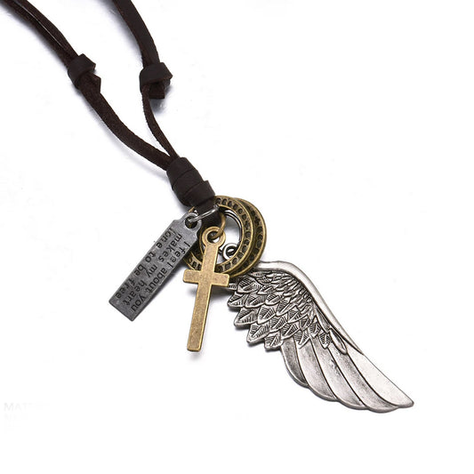 Men Vintage Angel Wing Cross Pendant Brown Leather Cord Necklace Chain, Silver