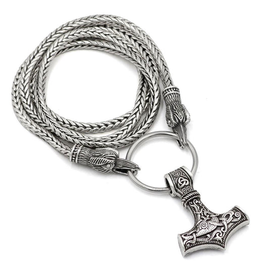 Odin's Raven with Thor's Hammer Pendant Chain Necklace