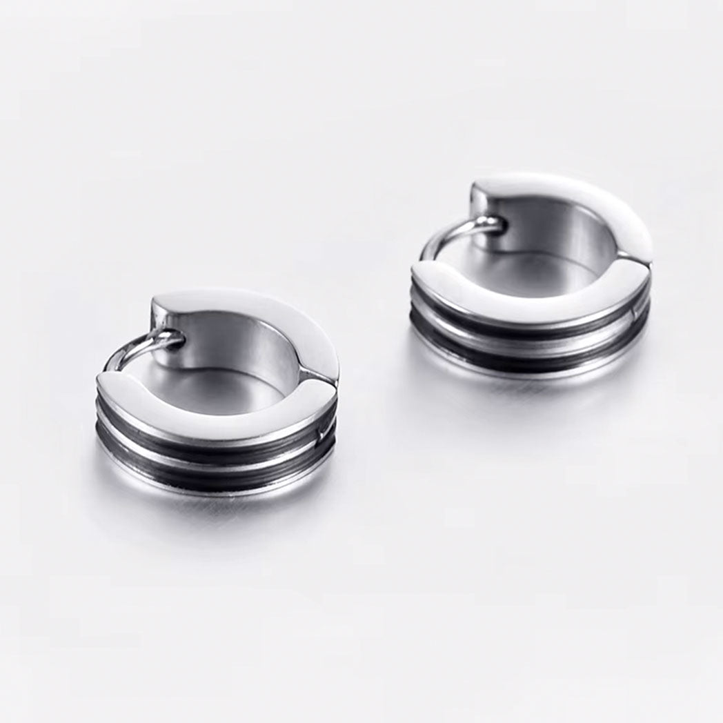 Men's Stainless Steel Stud Hoop huggie Earrings Silver Tone Black Striped