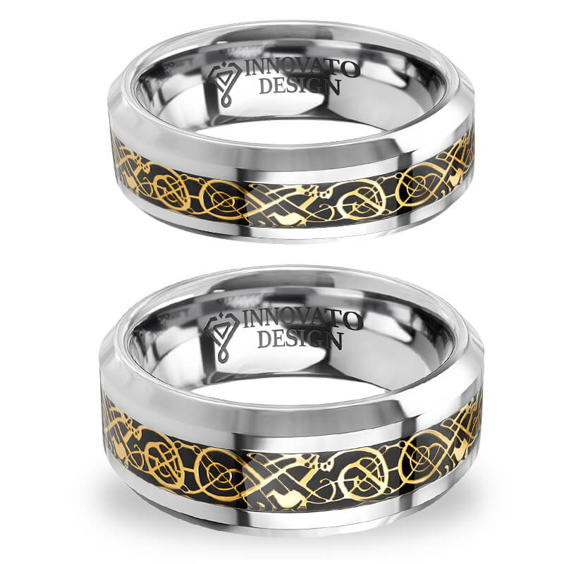 His & Her 6mm/8mm Tungsten Carbide Wedding Bands with Gold Celtic Dragon Inlay Set-Ring-Innovato Design-6-5-Innovato Design