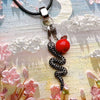 Black Crystal Snake and Red Apple Pendant with Rope Necklace