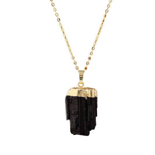 Natural Black Tourmaline Stone with Gold Accent Pendant Chain Necklace-Necklaces-Innovato Design-16 inches-Innovato Design