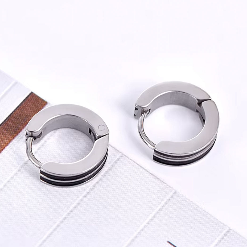 Men's Stainless Steel Stud Hoop huggie Earrings Silver Tone Black Striped