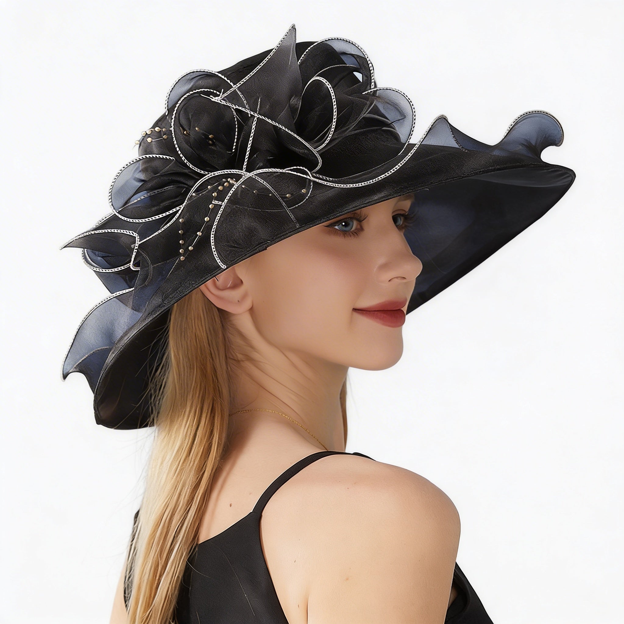Floppy Large Brim Organza Sun Hat with Pearls