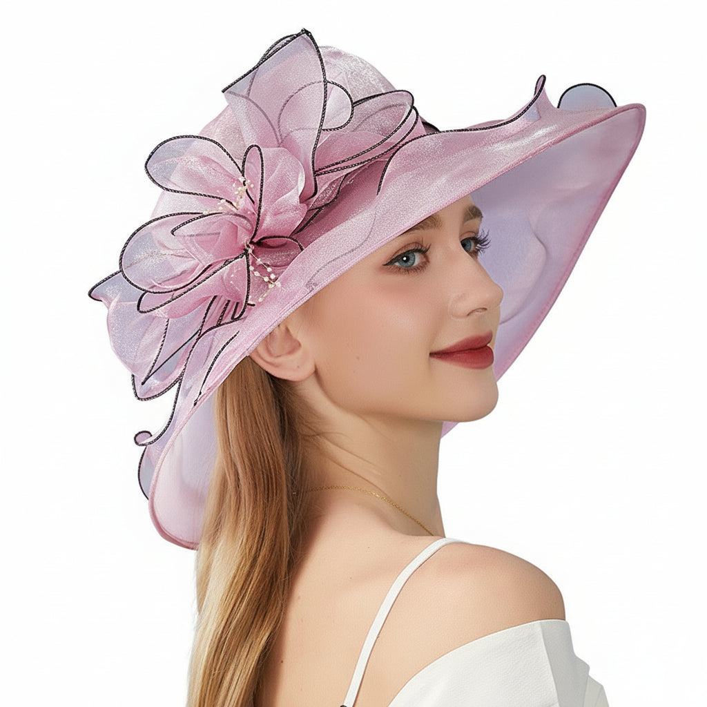 Floppy Large Brim Organza Sun Hat with Pearls