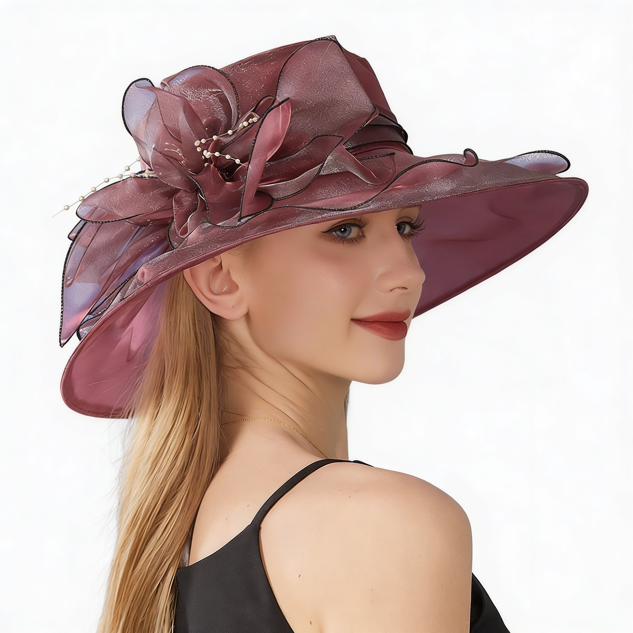 Floppy Large Brim Organza Sun Hat with Pearls