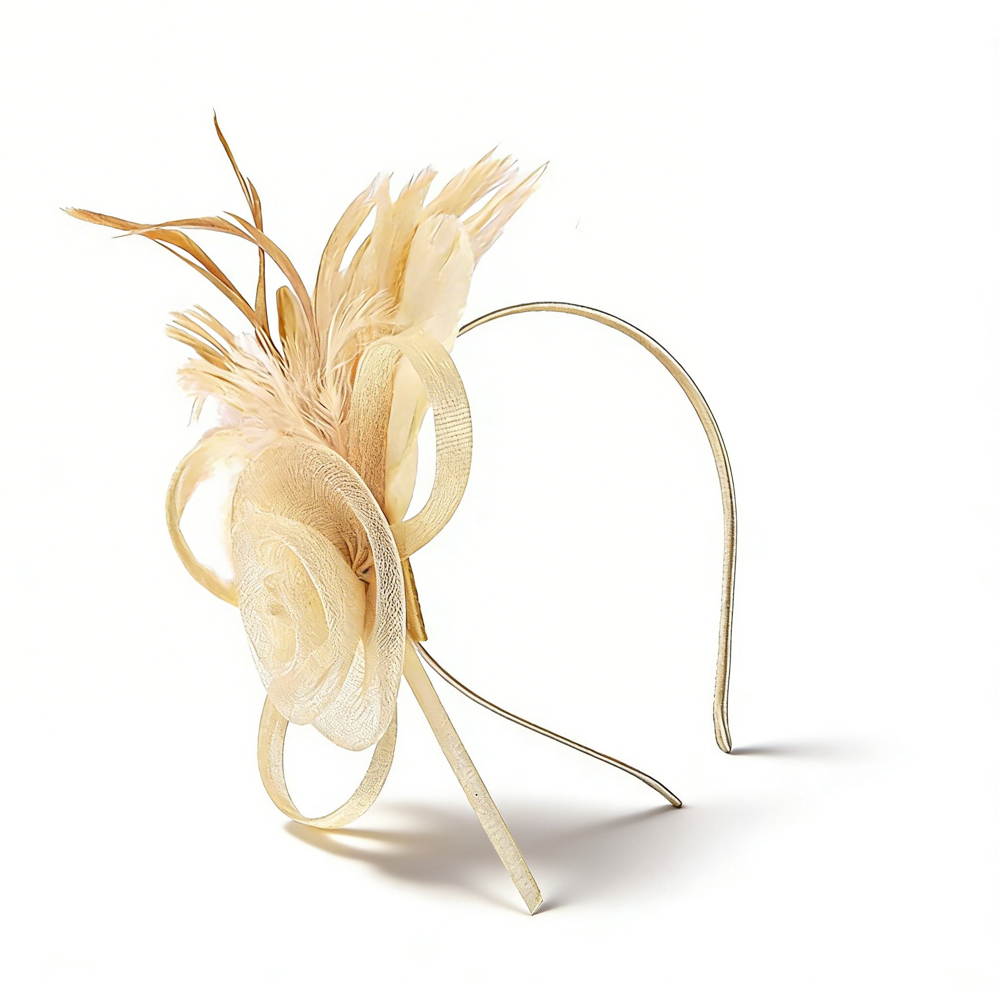 Beige Headband Pillbox Fascinator Hat with Cupid Feathers
