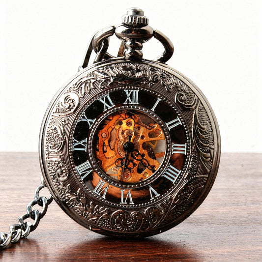 Floral Steel Quartz Mechanical Pocket Watch with Fob Chain