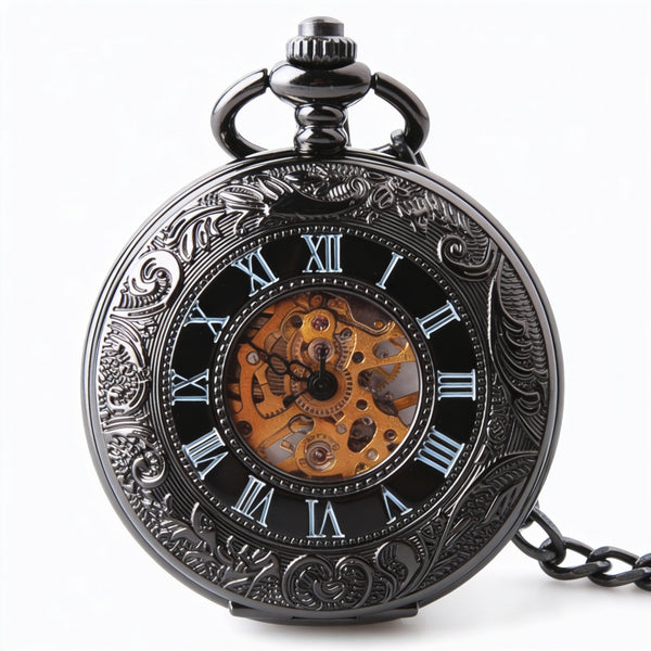 Floral Steel Quartz Mechanical Pocket Watch with Fob Chain