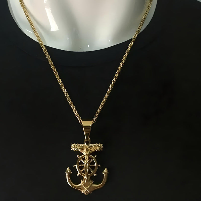 Men's Stainless Steel Pendant Necklace Gold Anchor Nautical Steering Wheel Jesus Cross-Necklaces-Innovato Design-Innovato Design