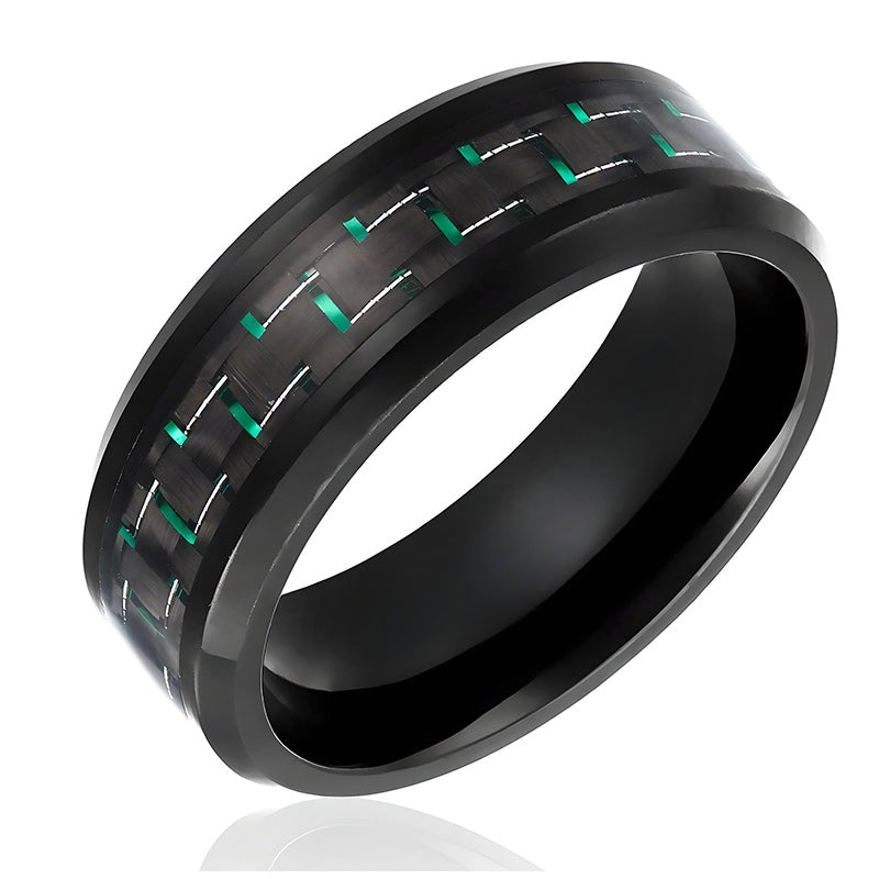 8MM Men's Titanium Ring Wedding Band Black Plated with Black and Green Carbon Fiber Inlay Beveled Edges-Rings-Innovato Design-7-Innovato Design