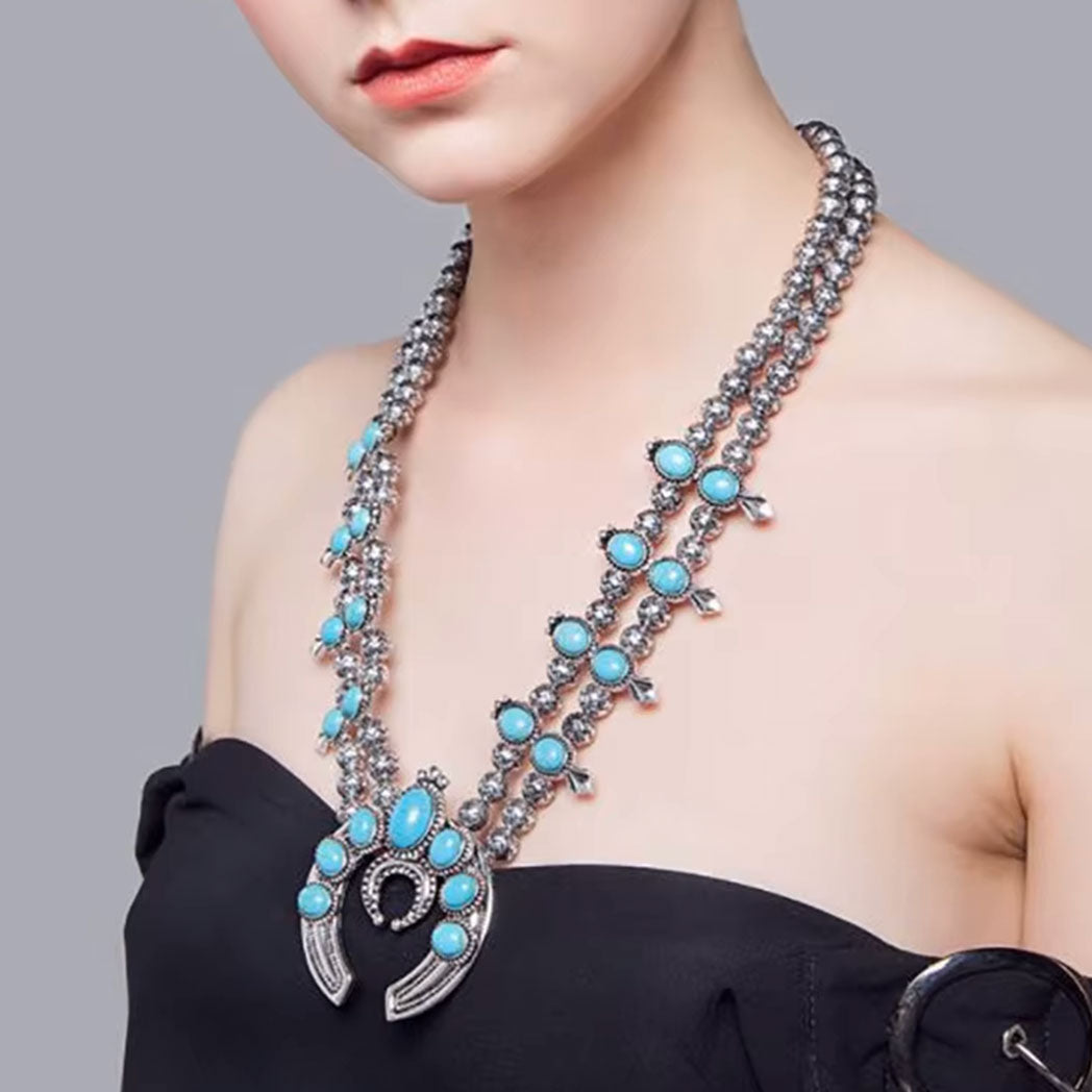 Silver Stone Bead Squash Blossom Necklace