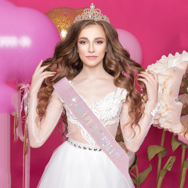 Rose Gold Happy Birthday Crown Rhinestones Tiara Queen Girl Women Party-Crowns-Innovato Design-Innovato Design