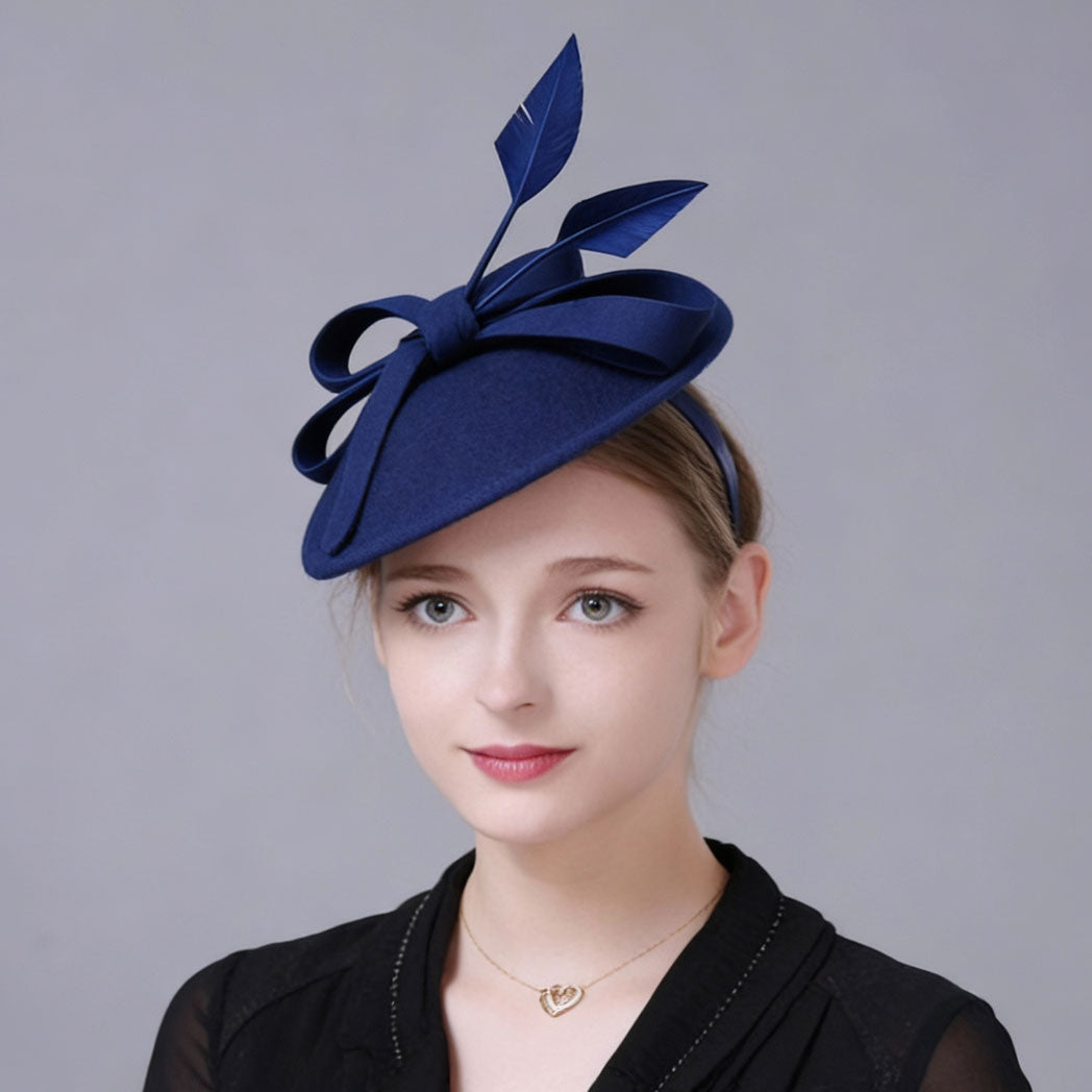 Blue Wool Pillbox Fascinator Hat with Blue Feathers