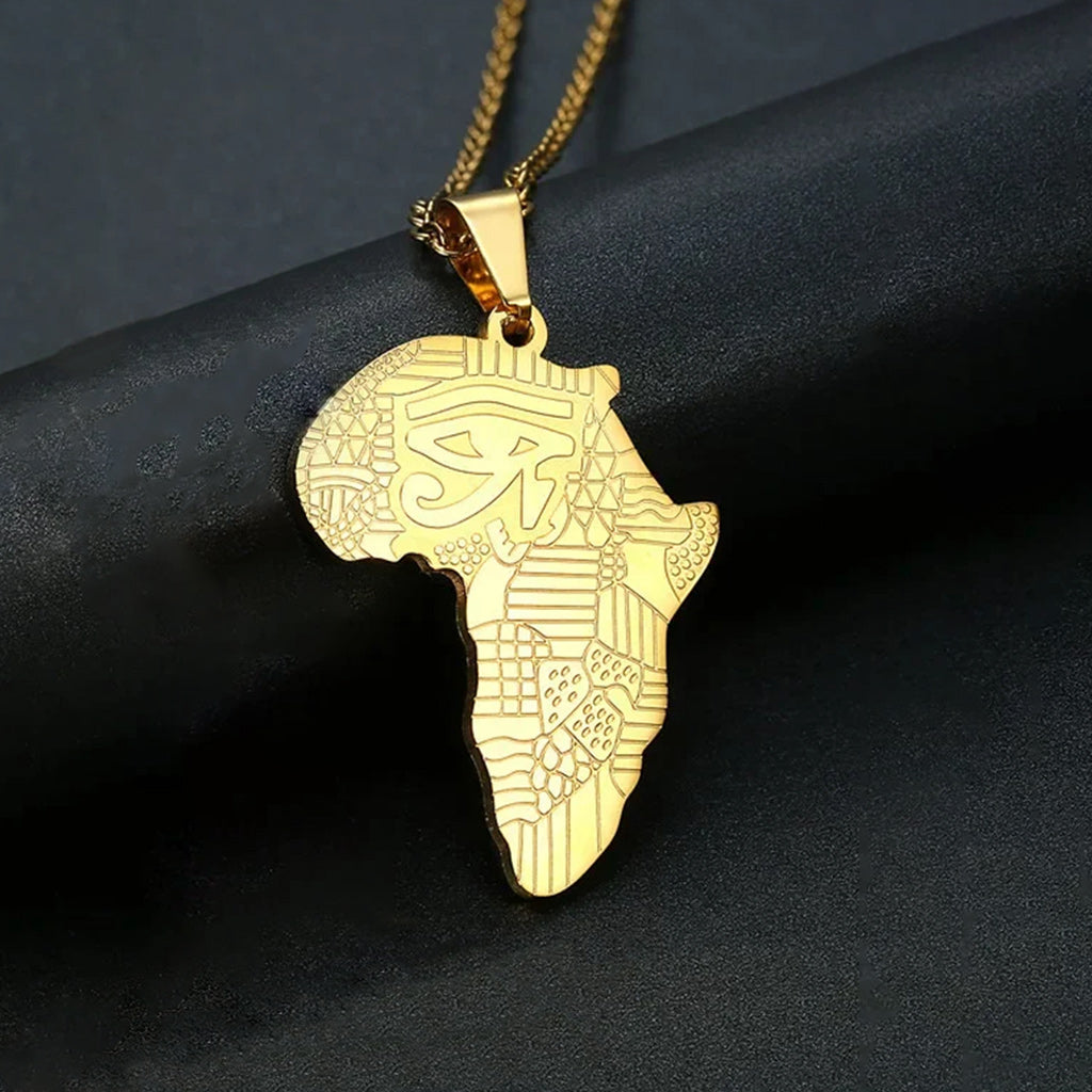 Eye of Horus Egyptian Ankh Africa Map Pendant Necklace in Gold Tone-Necklaces-Innovato Design-Innovato Design