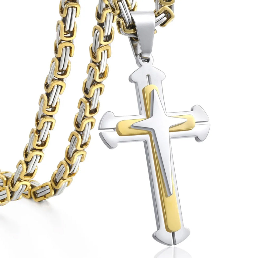 Stainless Steel Men Cross Necklace Pendant For Boys Byzantine Chain Black Gold