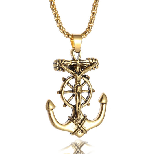 Men's Stainless Steel Pendant Necklace Gold Anchor Nautical Steering Wheel Jesus Cross-Necklaces-Innovato Design-Innovato Design
