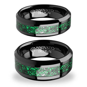 His & Her 6mm/8mm Green Carbon Fiber Black Celtic Dragon Tungsten Carbide Wedding Bands Set-Ring-Innovato Design-6-5-Innovato Design
