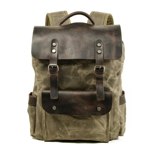 3 Colors Waxed Genuine Leather Backpack Large Capacity-Canvas and Leather Backpack-Innovato Design-Army Green-Innovato Design