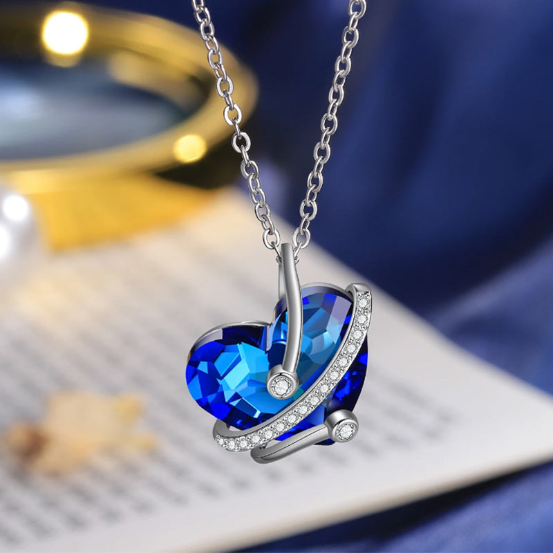 Heart Shaped Zircon Crystal Rhodium Plated Blue Pendant Necklace Gift-Necklaces-Innovato Design-Innovato Design