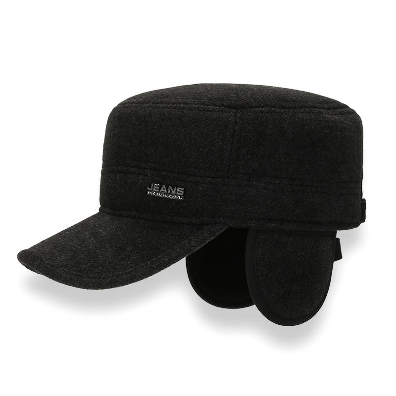 Woolen Army Military Cap Winter Adjustable-Hats-Innovato Design-Black-Innovato Design