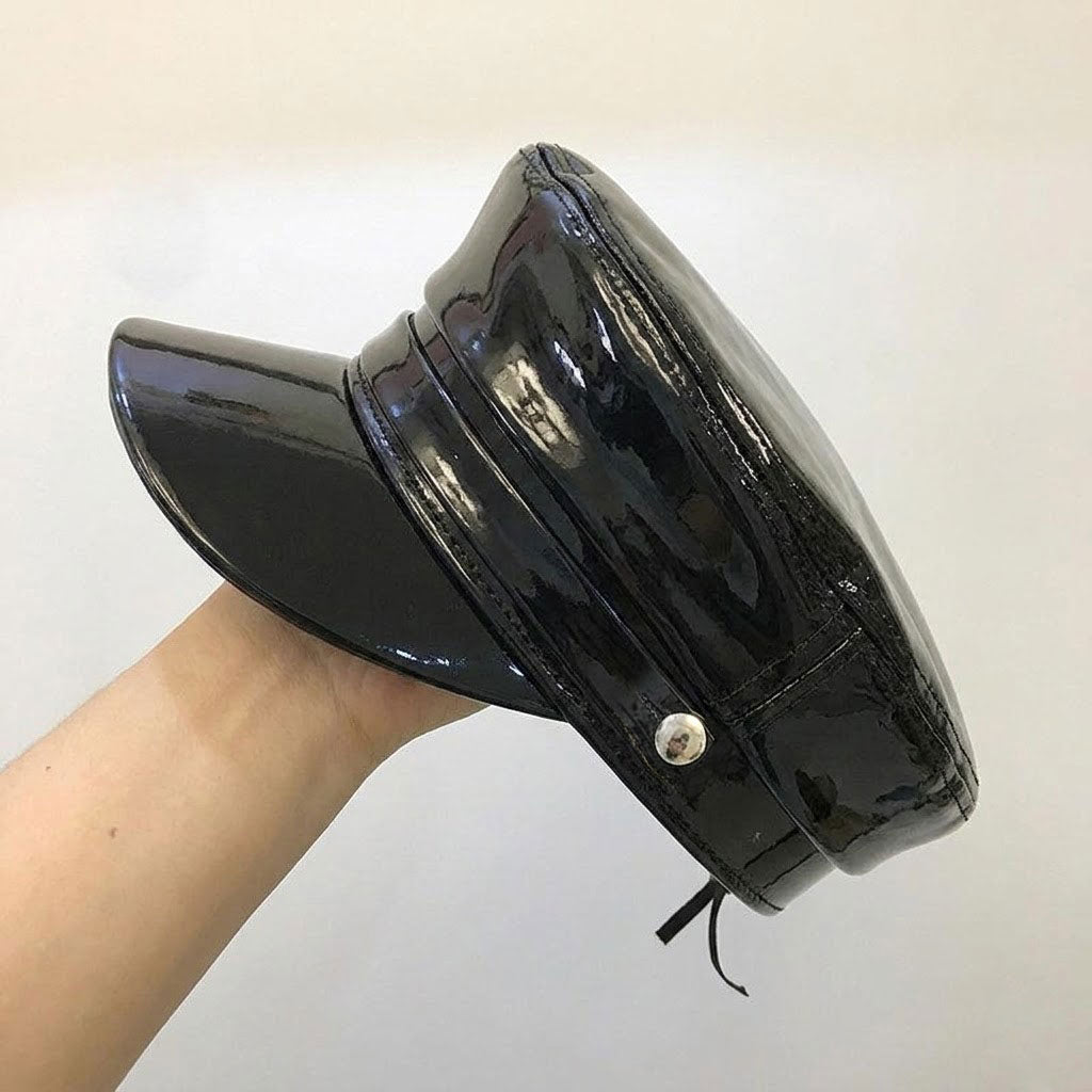 Faux Leather Shiny Black Flat Top Army Military Cap with Glossy Pattern and Buttons
