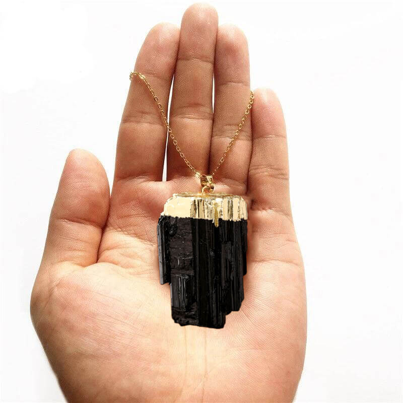 Natural Black Tourmaline Stone with Gold Accent Pendant Chain Necklace-Necklaces-Innovato Design-16 inches-Innovato Design