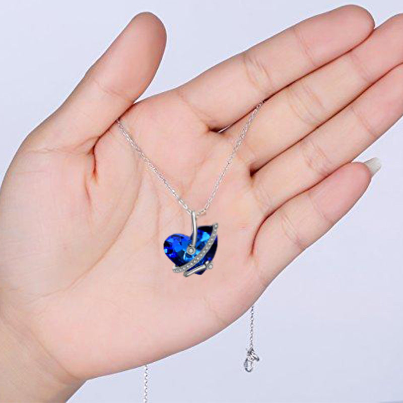 Heart Shaped Zircon Crystal Rhodium Plated Blue Pendant Necklace Gift-Necklaces-Innovato Design-Innovato Design