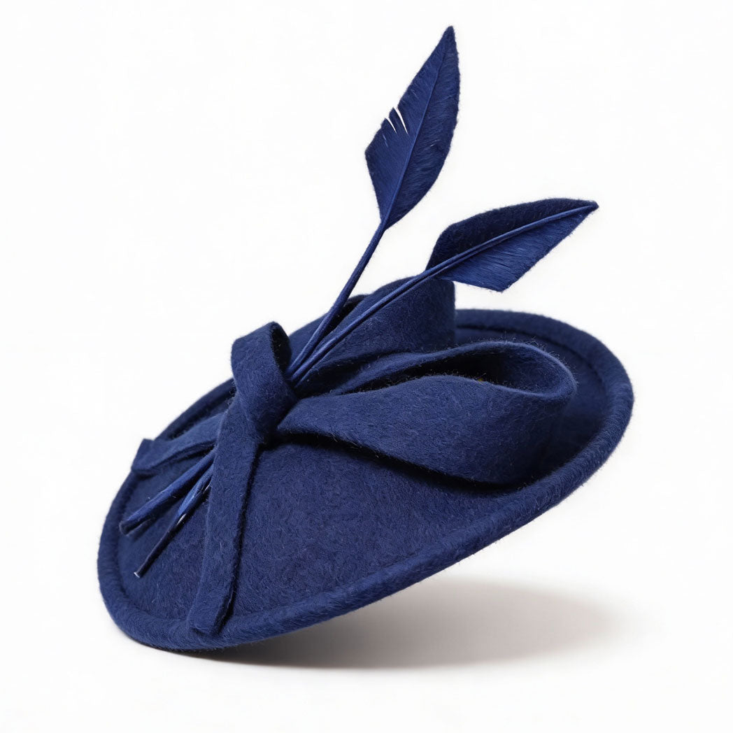 Blue Wool Pillbox Fascinator Hat with Blue Feathers