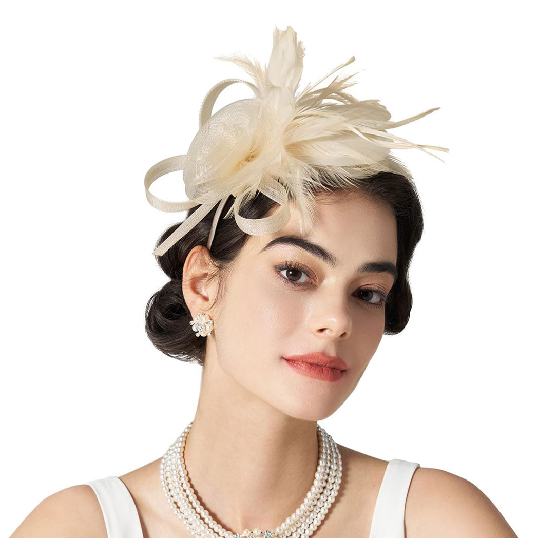 Beige Headband Pillbox Fascinator Hat with Cupid Feathers