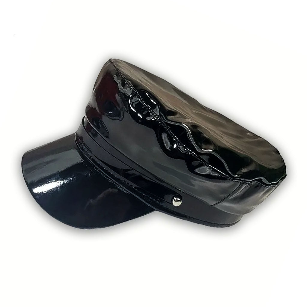 Faux Leather Shiny Black Flat Top Army Military Cap with Glossy Pattern and Buttons