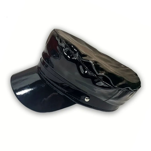 Faux Leather Shiny Black Flat Top Army Military Cap with Glossy Pattern and Buttons