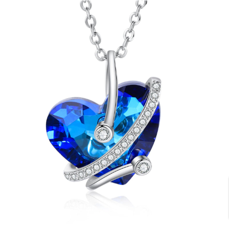 Heart Shaped Zircon Crystal Rhodium Plated Blue Pendant Necklace Gift-Necklaces-Innovato Design-Innovato Design