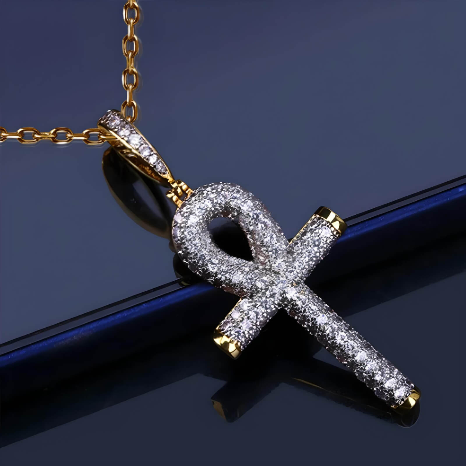 Golden Ankh Cross Pendant with Cubic Zirconia Crystal Necklace-Necklaces-Innovato Design-Innovato Design