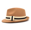 Flanged Manhattan Structured Wool Trilby Hat with Black and White Striped Hatband