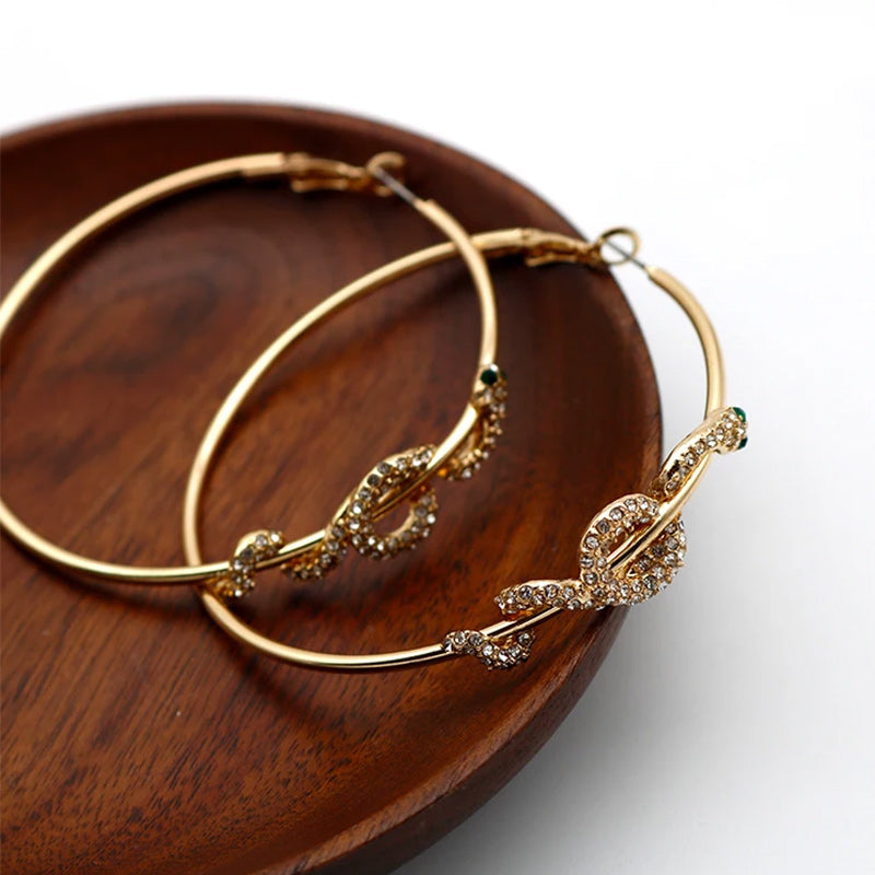 Gold Tone Crystal Rhinestone Snake Serpent Zircon Hoop Earrings-Rings-Innovato Design-Innovato Design