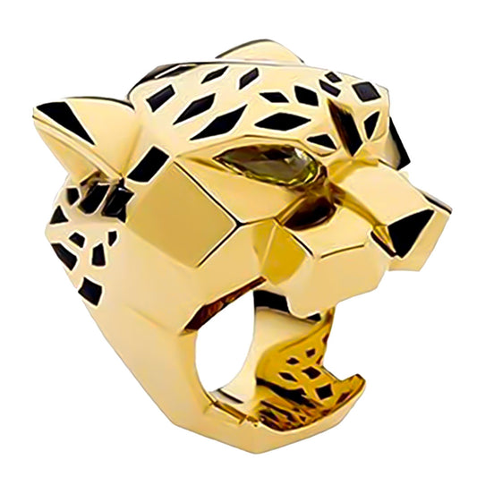 Gold-Tone Leopard Man Woman Cocktail Ring Green Zircon Eyes